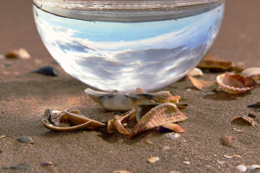 A beach landscape on a crystal ball. Photography techniques, sun, water, reflections, seashells, water, sun sun clear sky