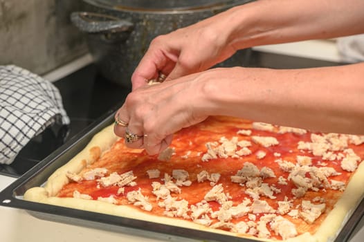 a woman prepares pizza with cheese, tomatoes and chicken ham, a woman lays out chicken ham 1