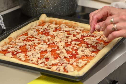 a woman prepares pizza with cheese, tomatoes and chicken ham, a woman lays out chicken ham 3