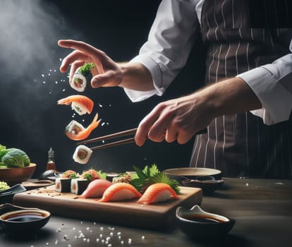 caucasian chef preparing flying sushi, funny illustration, humour in the kitchen ai art generated