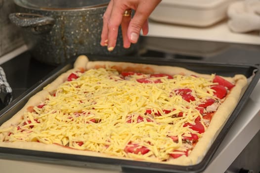 woman prepares pizza with cheese, tomatoes and chicken ham, woman rubs cheese 15