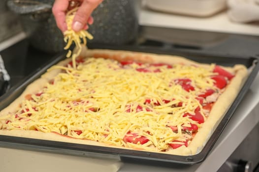 woman prepares pizza with cheese, tomatoes and chicken ham, woman rubs cheese 14