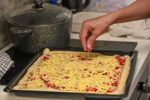 woman prepares pizza with cheese, tomatoes and chicken ham, woman rubs cheese 18