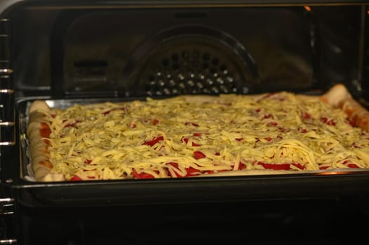 pizza with cheese, tomatoes and chicken in the oven in the kitchen