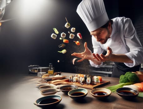 caucasian chef preparing flying sushi, funny illustration, humour in the kitchen ai art generated