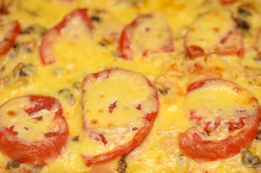 freshly baked pizza with cheese, tomatoes and chicken fillet 1