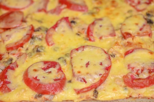 freshly baked pizza with cheese, tomatoes and chicken fillet