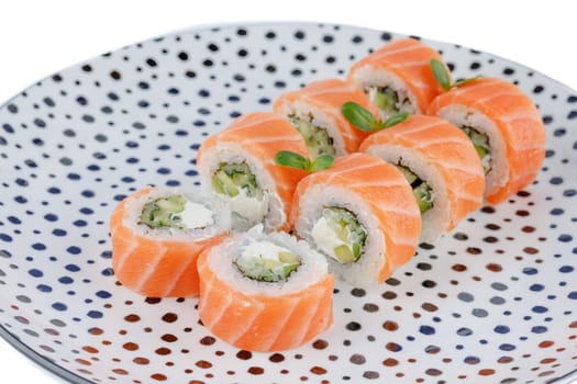 salmon roll on a white background, for a food delivery site