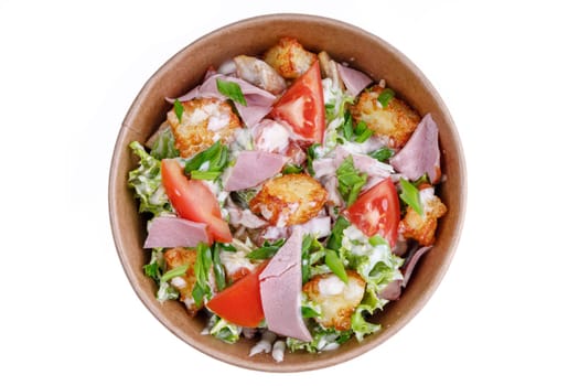 Salad with ham on a white background, for a food delivery site 2