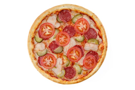 pizza with ham and sausage on a white background, for a food delivery site