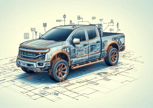 modern design render of truck pickup monster suv smart vehicle schematics illustration