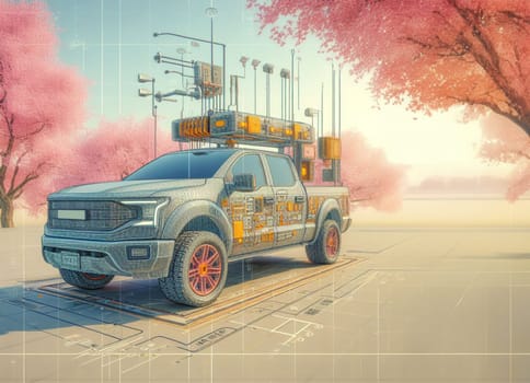 modern design render of truck pickup monster suv smart vehicle schematics illustration