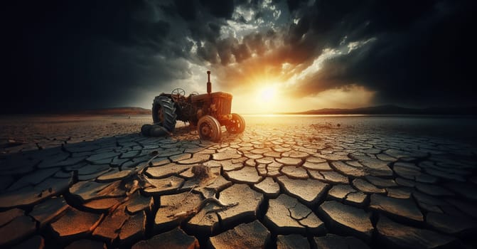 Scorched earth arid soil desert heat sun climate change global warming drought , abandoned unfertile land, tractor, animal bones, contaminating factoriess smoking, apocalyptic scene, ai generated