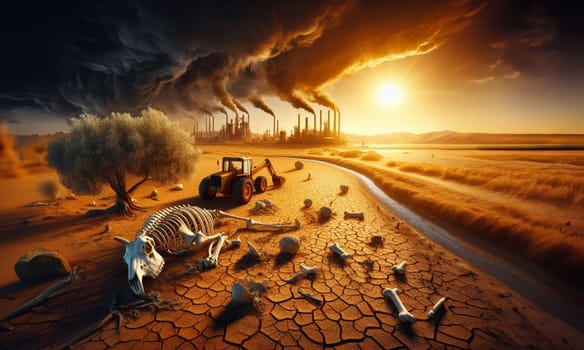 Scorched earth arid soil desert heat sun climate change global warming drought , abandoned unfertile land, tractor, animal bones, contaminating factoriess smoking, apocalyptic scene, ai generated