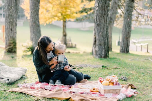 Mom gives a drink to a little girl from a mug at a picnic on a blanket in the park. High quality photo