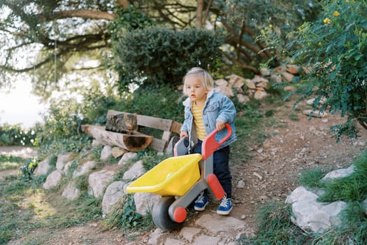 Little girl with a toy wheelbarrow going down the hill in the park. High quality photo