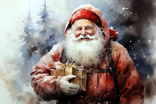 Watercolor Christmas winter landscape with Santa Claus. Ai generative art