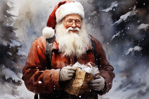 Watercolor Christmas winter landscape with Santa Claus. Ai generative art