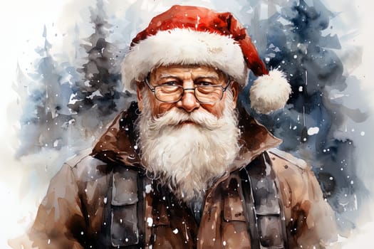 Watercolor Christmas winter landscape with Santa Claus. Ai generative art