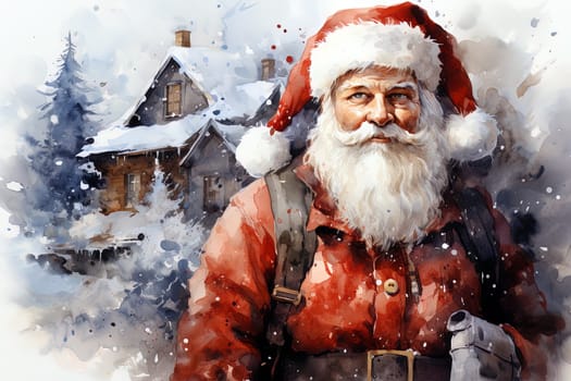 Watercolor Christmas winter landscape with Santa Claus. Ai generative art