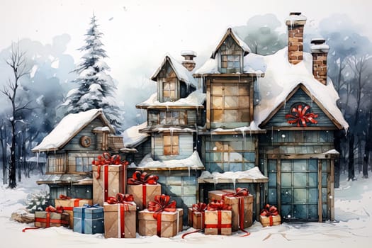 Watercolor winter decorated Christmas houses. Ai generative art