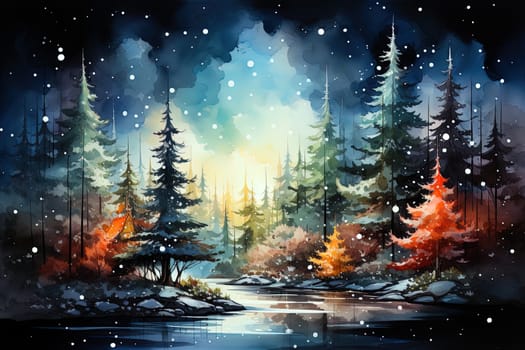 Fairy Watercolor Christmas Winter Forest night landscape. Ai generative art