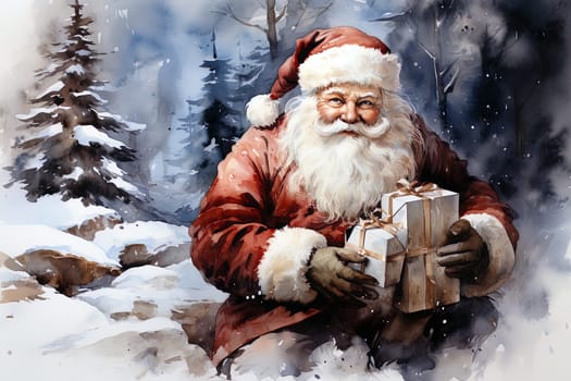 Watercolor Christmas winter landscape with Santa Claus. Ai generative art