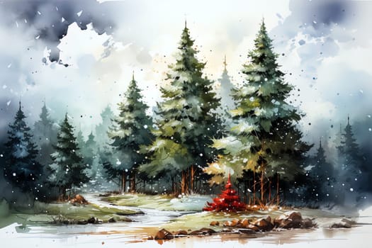 Watercolor Christmas Winter Forest landscape. Ai generative art
