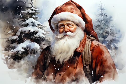 Watercolor Christmas winter landscape with Santa Claus. Ai generative art