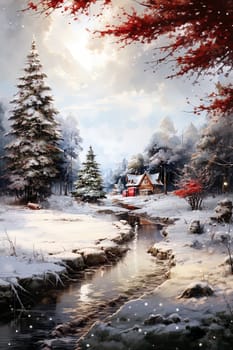 Watercolor Christmas Winter Forest landscape. Ai generative art