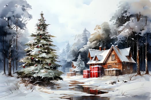 Watercolor fairy-tale Christmas landscape with houses on the background of a winter forest. Ai generative art