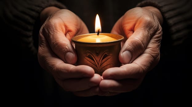 New Year themed image that conveys a sense of warmth and hope.Hands hold a candle in a tin with a floral design on a dark background. High quality photo
