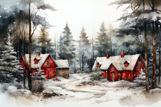 Watercolor winter forest landscape with decorated houses. Ai generative art