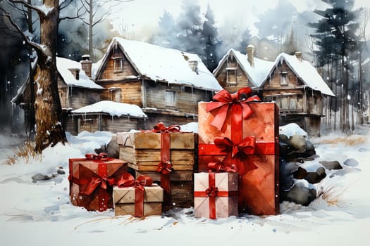 Watercolor winter landscape with decorated houses and Christmas gift boxes. Ai generative art