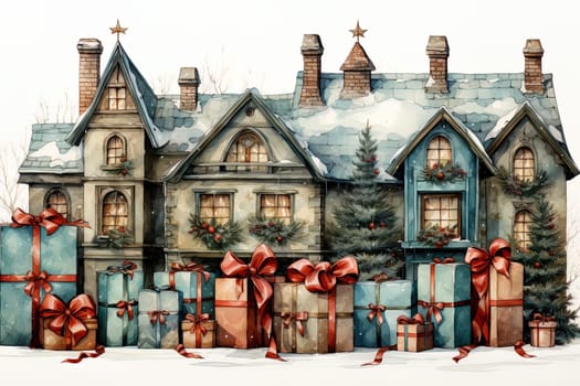 Watercolor winter decorated Christmas houses. Ai generative art