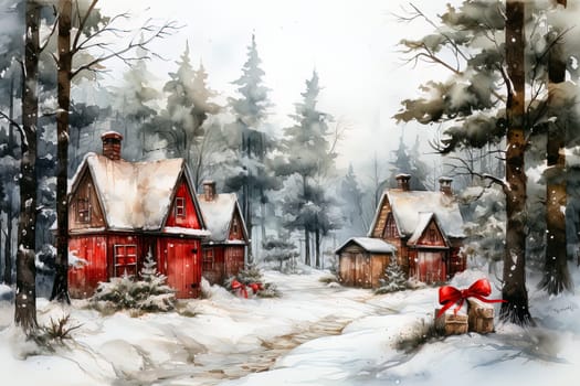 Watercolor winter forest landscape with decorated houses. Ai generative art