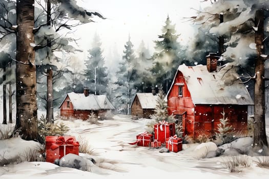 Watercolor winter forest landscape with decorated houses. Ai generative art