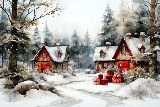 Watercolor winter forest landscape with decorated houses. Ai generative art
