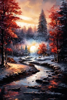 Fairy Watercolor Christmas Winter Forest night landscape. Ai generative art