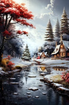 Watercolor fairy-tale Christmas landscape with houses on the background of a winter forest. Ai generative art