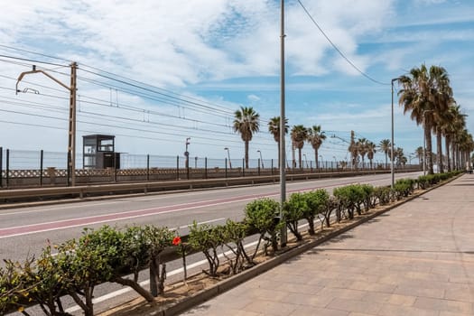 Empty road with palms and power transmission lines on sides in Vilassar de Mar. Modern avenue across city under sky with light clouds