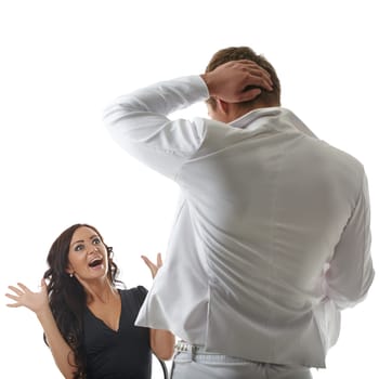 Surprised woman looking at man undressing, isolated on white