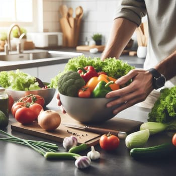 Cooking - chef's hands preparing vegetable vegetarian stew (thick soup). Kitchen scenery - pot with recipe ingredients around on the grey stone worktop captured from above (top view, flat lay).