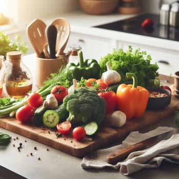 Cooking - chef's hands preparing vegetable vegetarian stew (thick soup). Kitchen scenery - pot with recipe ingredients around on the grey stone worktop captured from above (top view, flat lay).