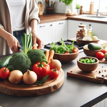 Cooking - chef's hands preparing vegetable vegetarian stew (thick soup). Kitchen scenery - pot with recipe ingredients around on the grey stone worktop captured from above (top view, flat lay).