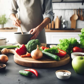 Cooking - chef's hands preparing vegetable vegetarian stew (thick soup). Kitchen scenery - pot with recipe ingredients around on the grey stone worktop captured from above (top view, flat lay).