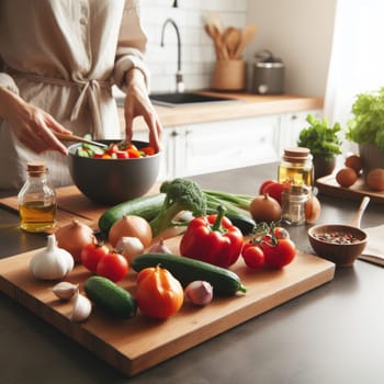 Cooking - chef's hands preparing vegetable vegetarian stew (thick soup). Kitchen scenery - pot with recipe ingredients around on the grey stone worktop captured from above (top view, flat lay).