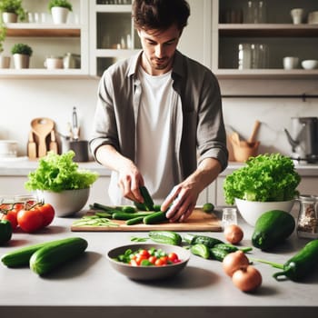 Cooking - chef's hands preparing vegetable vegetarian stew (thick soup). Kitchen scenery - pot with recipe ingredients around on the grey stone worktop captured from above (top view, flat lay).