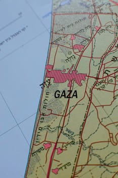 Image of a map of Gaza and Israel in Hebrew. High quality photo