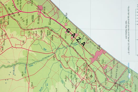 Image of a map of Gaza and Israel in Hebrew. High quality photo